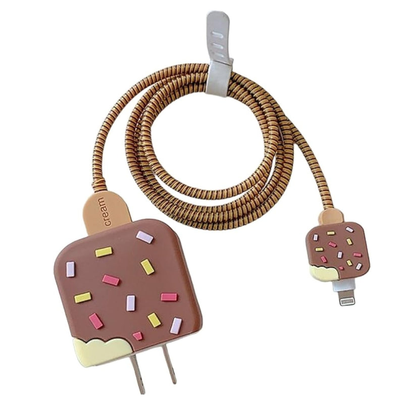 Kit Protetor Carregador de cabo USB Sorvete Rosa + Marrom