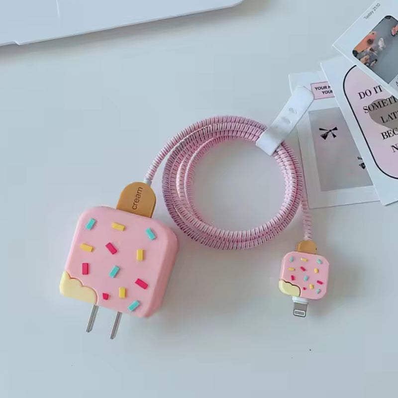 Kit Protetor Carregador de cabo USB Sorvete Rosa + Marrom