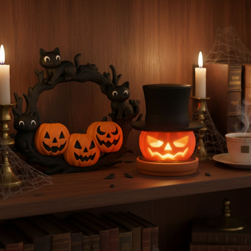 Abóbora Halloween com Cartola + Decoração Guirlanda Gatos