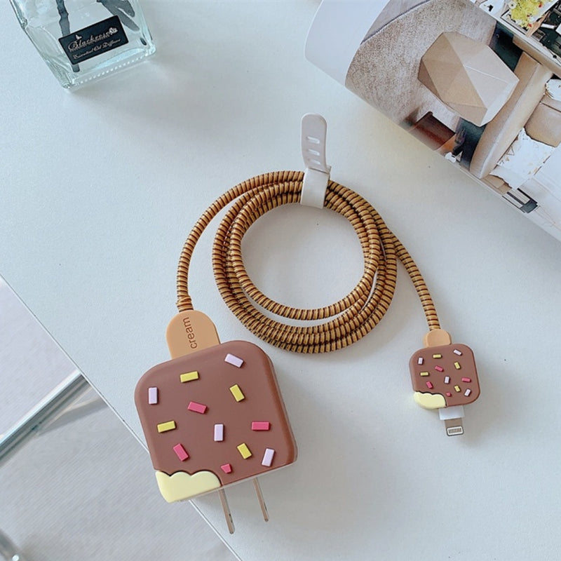 Kit Protetor Carregador de cabo USB Sorvete Rosa + Marrom