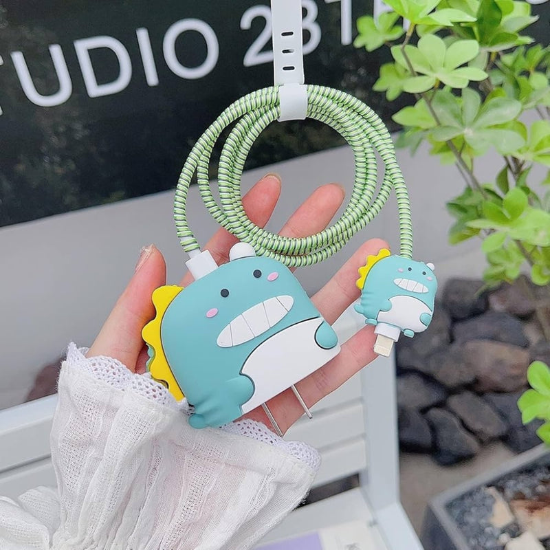 Kit Protetor De Cabo Usb E Capa Carregador Celular Dinossauro Fofo